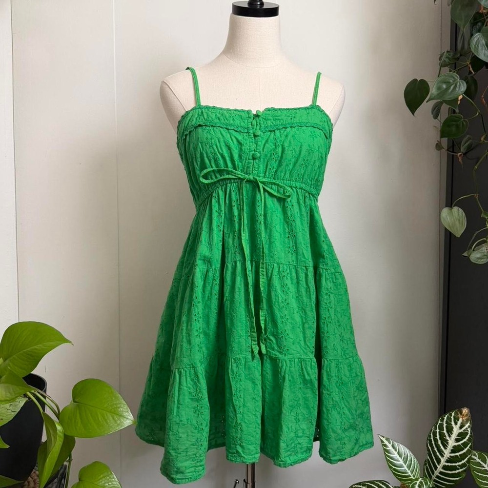 Jessica Simpson Green Eyelet Babydoll Dress Cotton Tiered Summer Large